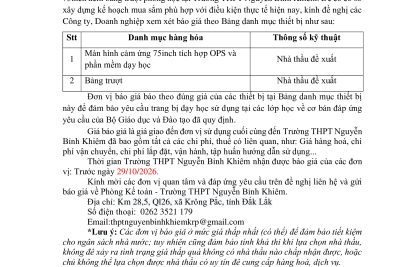 Xin báo giá để xây dựng kế hoạch mua sắm năm học 2026 – 2027