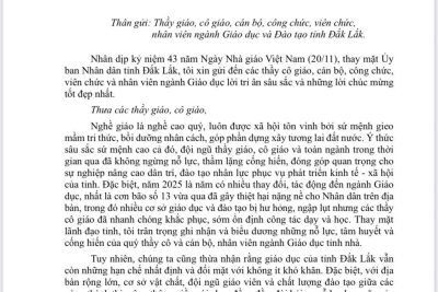 Chủ tịch UBND tỉnh Đắk Lắk gửi thư chúc mừng Ngày Nhà giáo Việt Nam 20/11