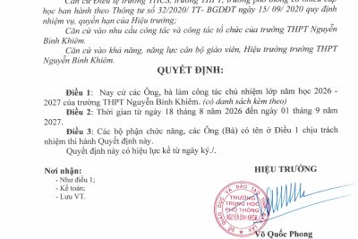 Quyết định cử Giáo viên làm công tác chủ nhiệm năm học 2026-2027