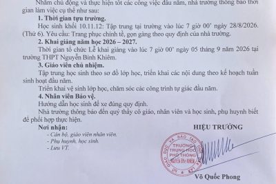 THÔNG BÁO KẾ HOẠCH TỰU TRƯỜNG NĂM HỌC 2026 -2027