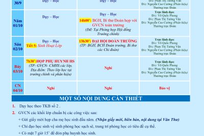 LỊCH CÔNG TÁC TUẦN 04 (từ 28/09/2026 đến 04/10/2026)