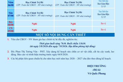 LỊCH CÔNG TÁC ĐẦU NĂM 01 (từ 03/08/2026 đến 09/08/2026)