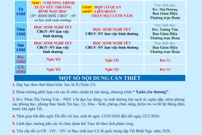 LỊCH CÔNG TÁC TUẦN 23 (từ 09/02/2026 đến 15/02/2026)
