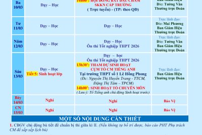LỊCH CÔNG TÁC TUẦN 26 (từ 09/03/2026 đến 15/03/2026)