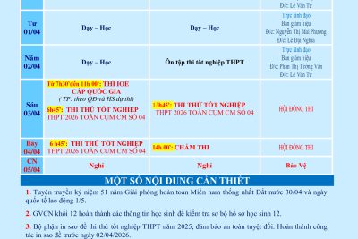 LỊCH CÔNG TÁC TUẦN 29 (từ 30/03/2026 đến 05/04/2026)