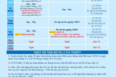 LỊCH CÔNG TÁC TUẦN 30 (từ 06/04/2026 đến 12/04/2026)