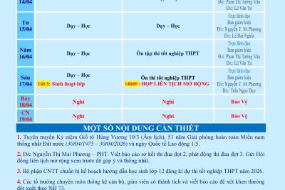 LỊCH CÔNG TÁC TUẦN 31 (từ 13/04/2026 đến 19/04/2026)
