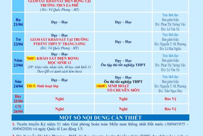 LỊCH CÔNG TÁC TUẦN 32 (từ 20/04/2026 đến 26/04/2026)