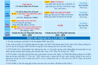 LỊCH CÔNG TÁC TUẦN 36 (từ 18/05/2026 đến 24/05/2026)