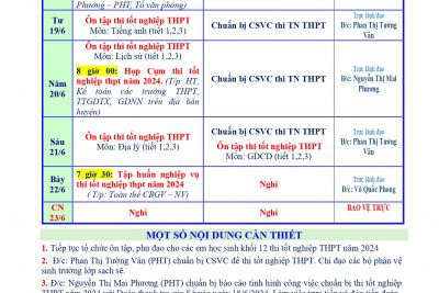 LỊCH CÔNG TÁC TUẦN 40 (Từ 17/6/2024 đến 23/6/2024)