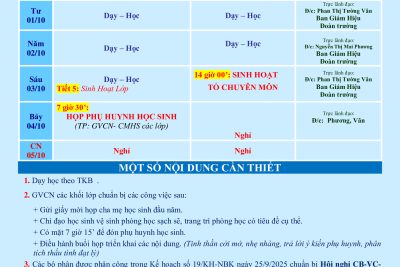 LỊCH CÔNG TÁC TUẦN 04 (từ 29/09/2025 đến 05/10/2025)