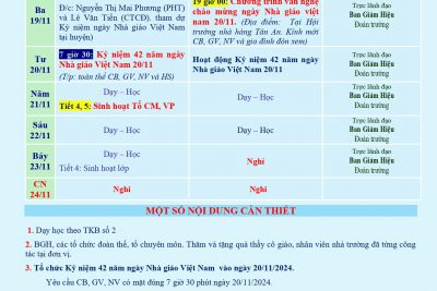 LỊCH CÔNG TÁC TUẦN 12 (từ 18/11/2024 đến 24/11/2024)