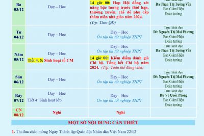 LỊCH CÔNG TÁC TUẦN 14 (từ 02/12/2024 đến 08/12/2024)