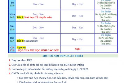 LỊCH CÔNG TÁC TUẦN 02 (Từ 11/9/2023 đến 17/9/2023)