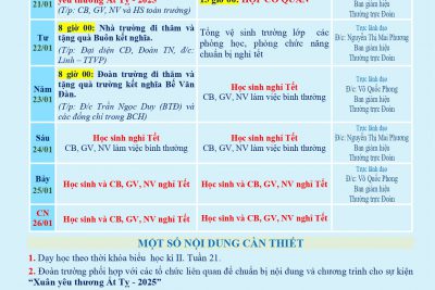 LỊCH CÔNG TÁC TUẦN 21 (từ 20/01/2025 đến 26/01/2025)