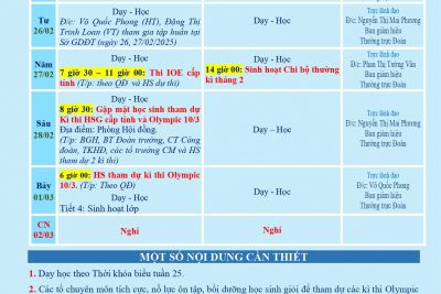 LỊCH CÔNG TÁC TUẦN 25 (từ 24/02/2025 đến 02/03/2025)