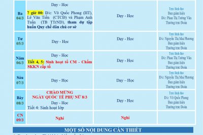 LỊCH CÔNG TÁC TUẦN 26 (từ 03/03/2025 đến 9/03/2025)