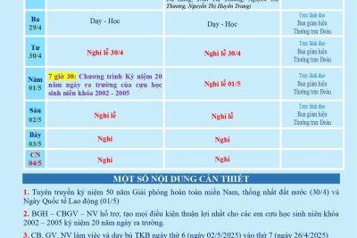 LỊCH CÔNG TÁC TUẦN 34 (từ 28/4/2025 đến 04/5/2025)