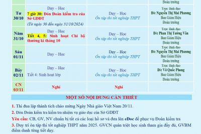 LỊCH CÔNG TÁC TUẦN 09 (từ 28/10/2024 đến 03/11/2024)