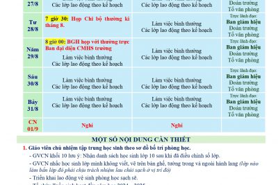 LỊCH CÔNG TÁC TUẦN (Tuần sinh hoạt đầu năm học, từ 26/8/2024 đến 01/9/2024)