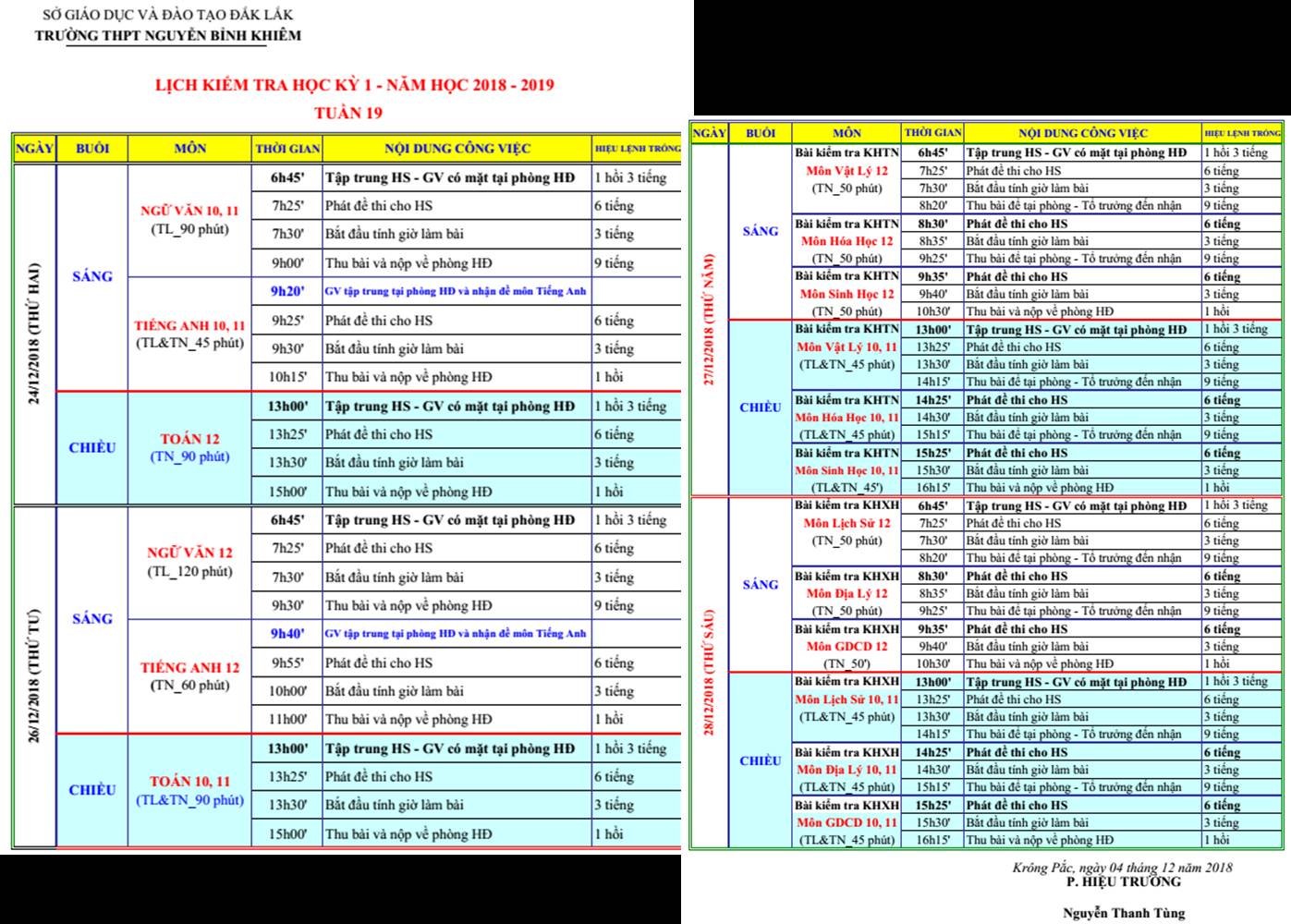 LỊCH THI HỌC KỲ 1 NĂM HỌC 2018-2019