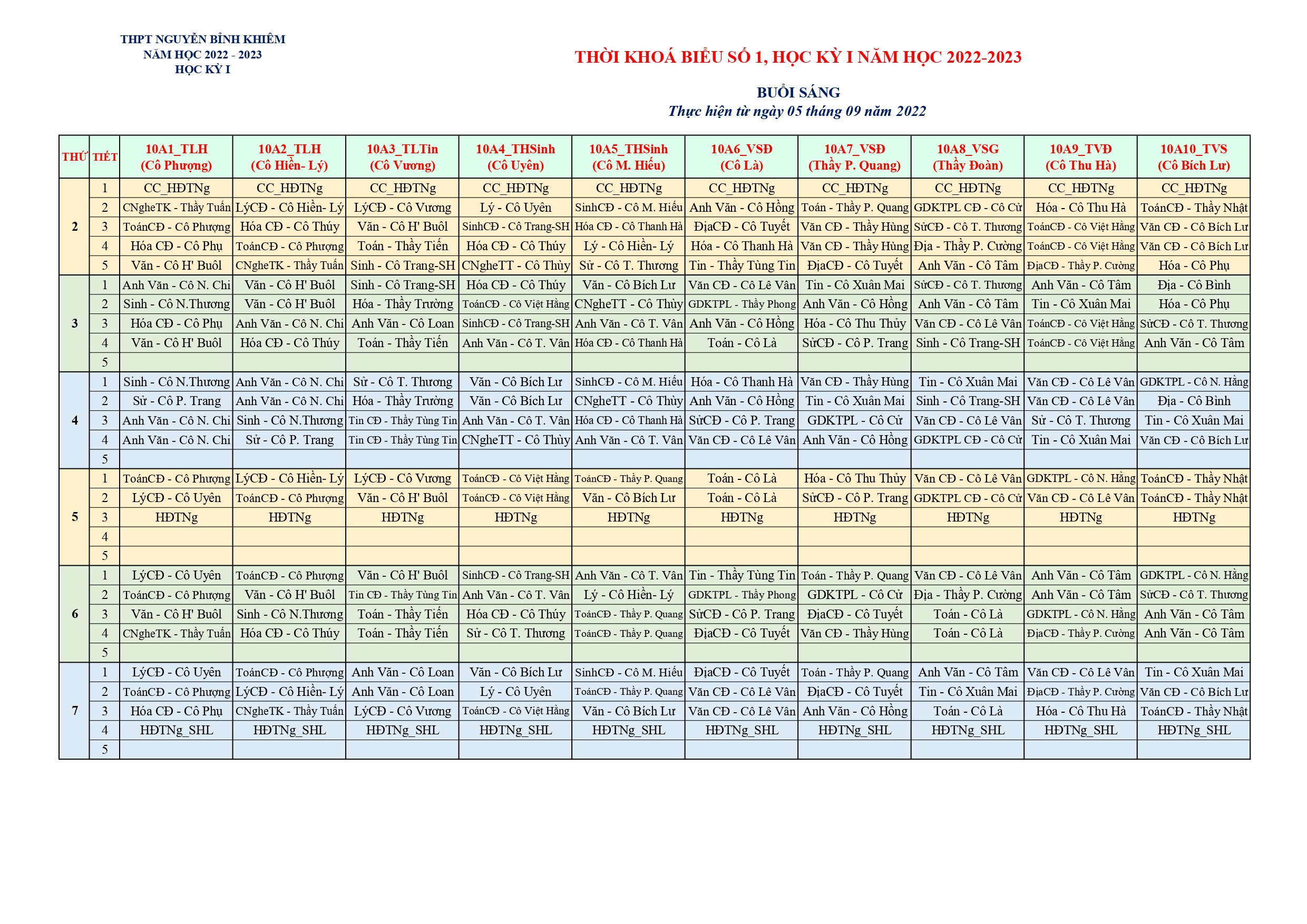 Thời khóa biểu số 1 (buổi sáng) năm học 2022-2023 (Áp dụng từ ngày 05/9/2022)