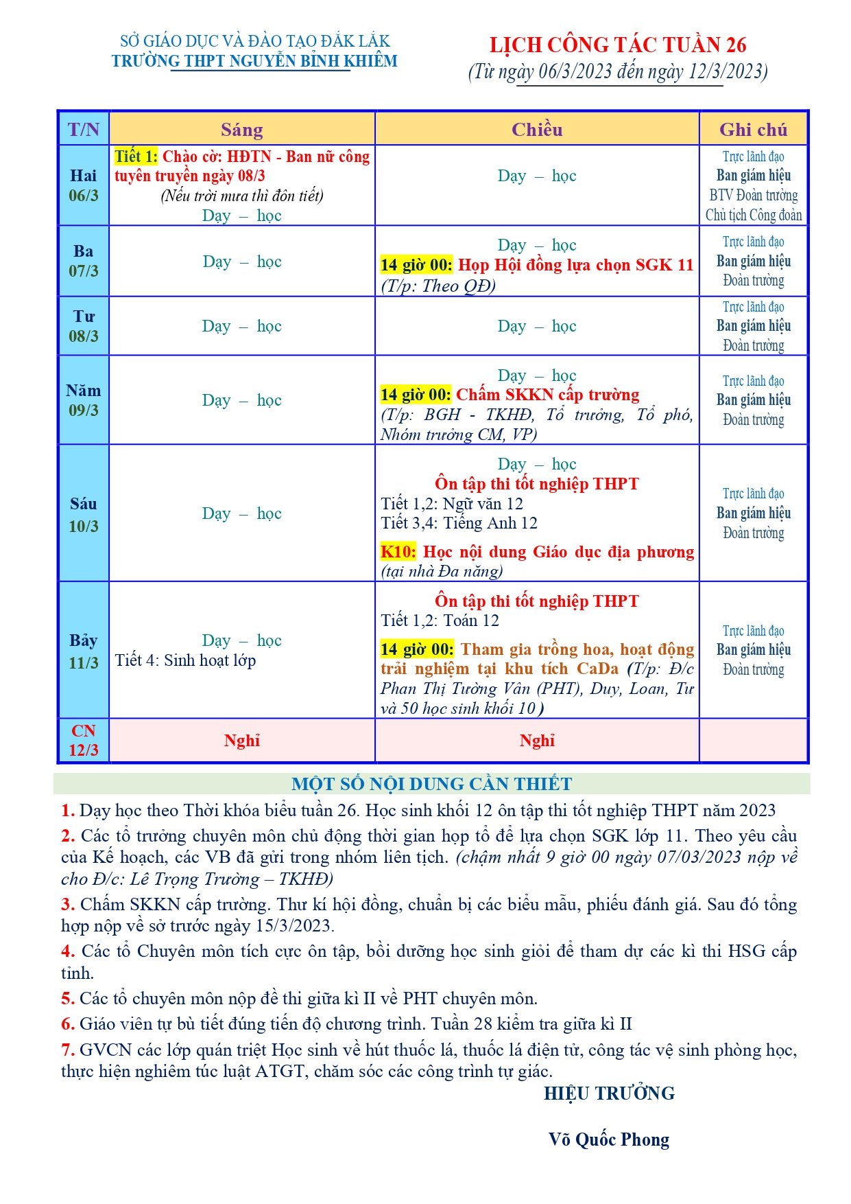 KẾ HOẠCH TUẦN 26 (Từ ngày 06/3/2023 đến 12/3/2023)