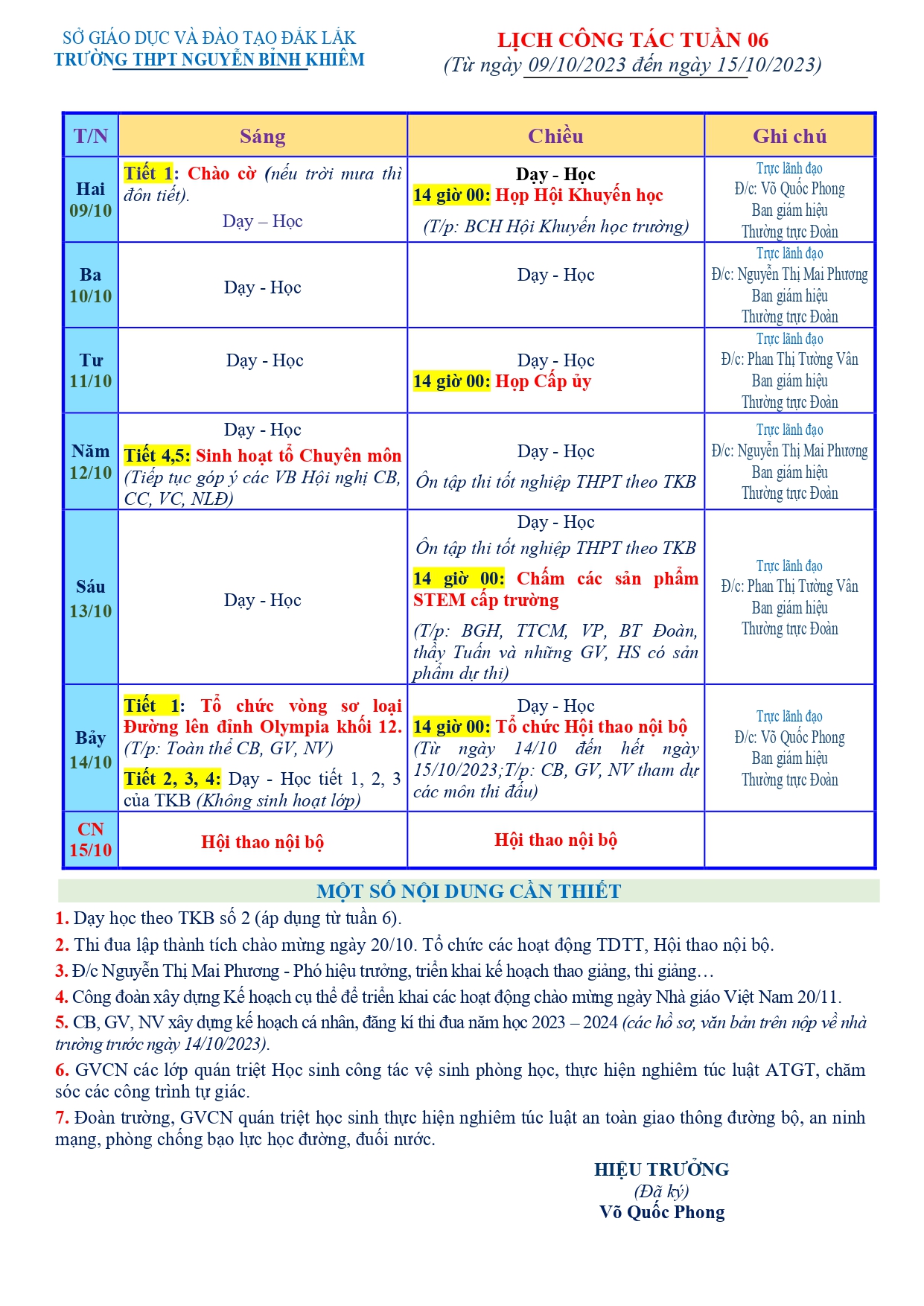 LỊCH CÔNG TÁC TUẦN 06 (Từ 09//2023 đến 15/10/2023)