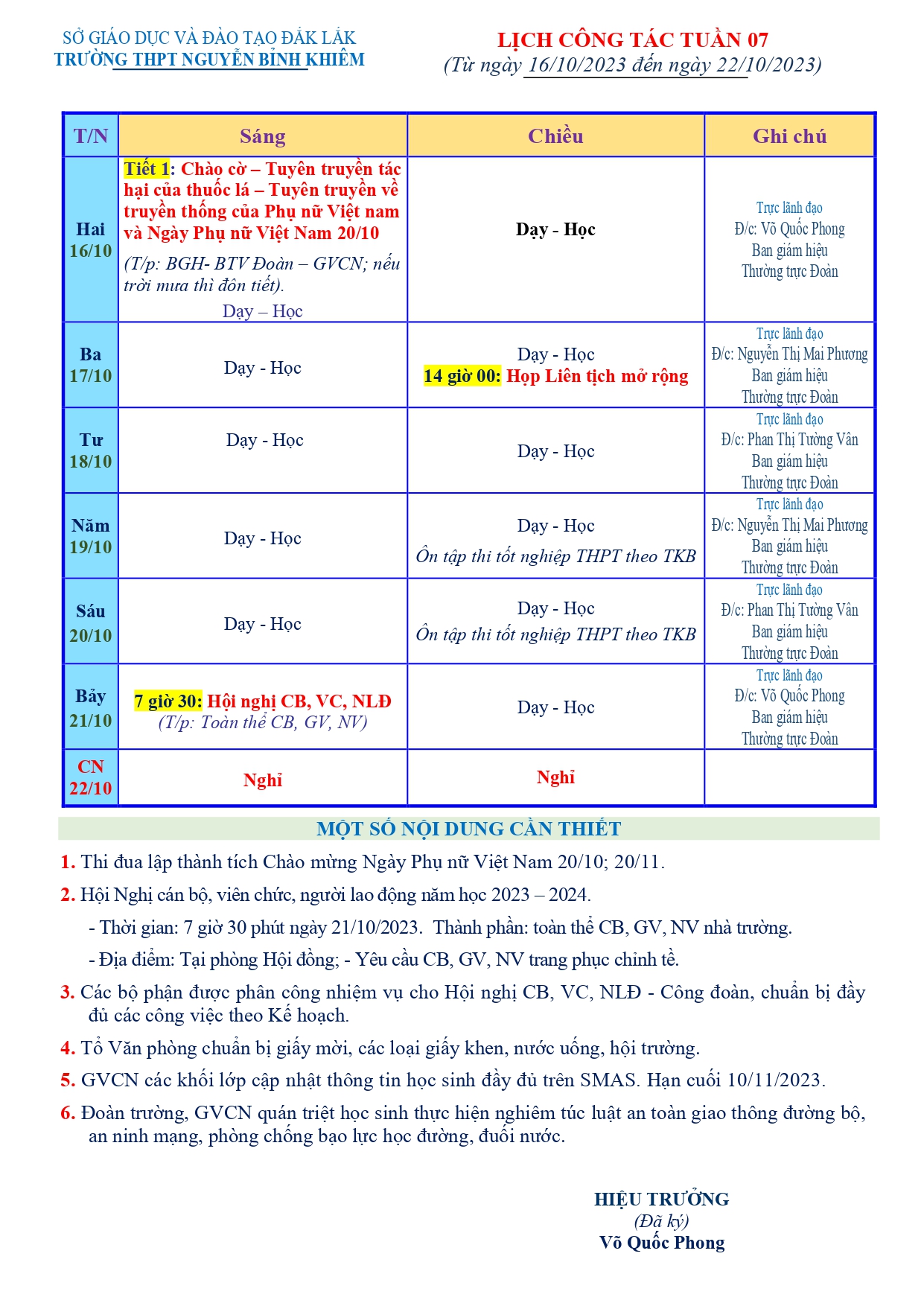 LỊCH CÔNG TÁC TUẦN 07 (Từ 16/10/2023 đến 22/10/2023)