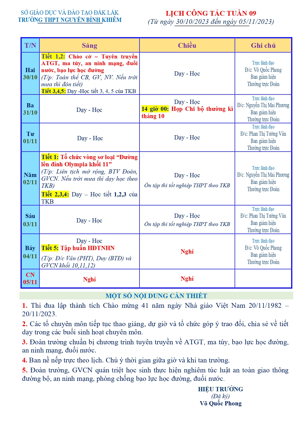 LỊCH CÔNG TÁC TUẦN 09 (Từ 30/10/2023 đến 05/11/2023)