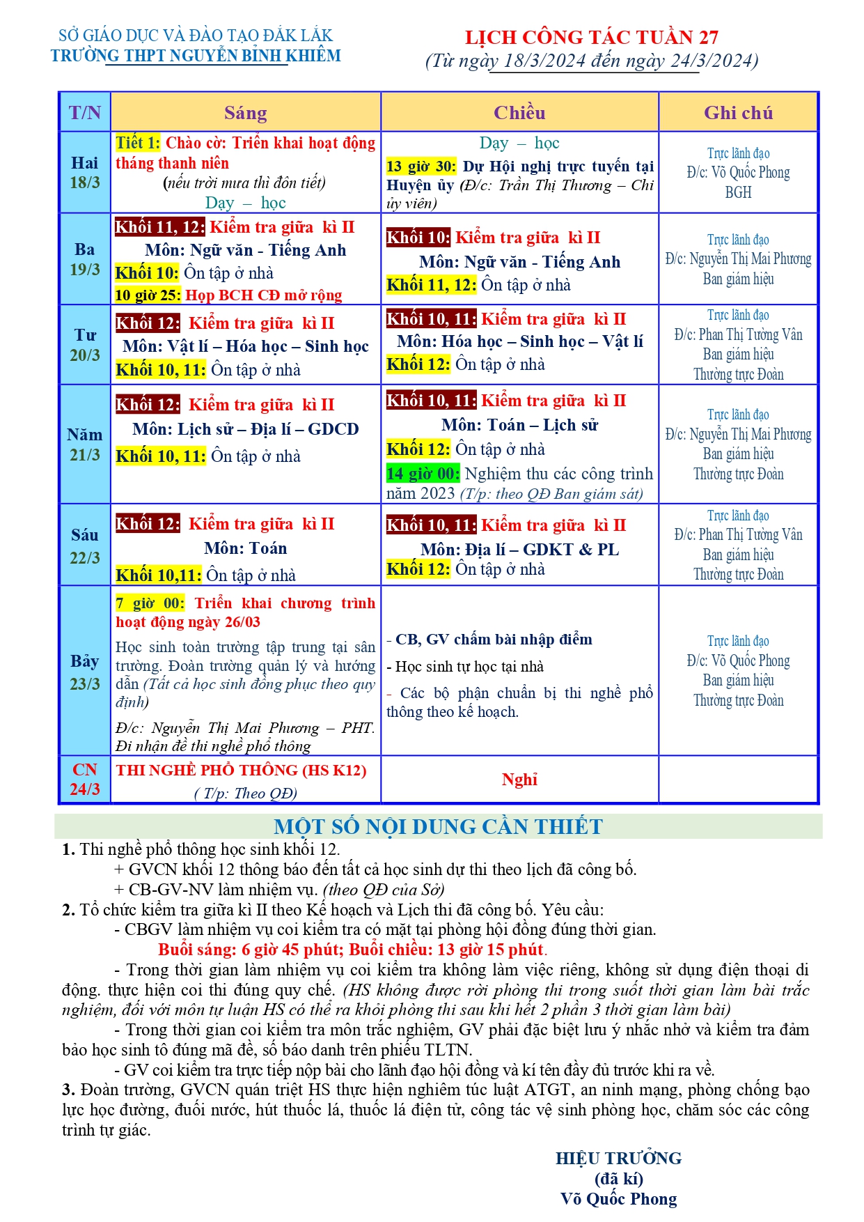 LỊCH CÔNG TÁC TUẦN 27 (Từ 18/03/2024 đến 24/3/2024)