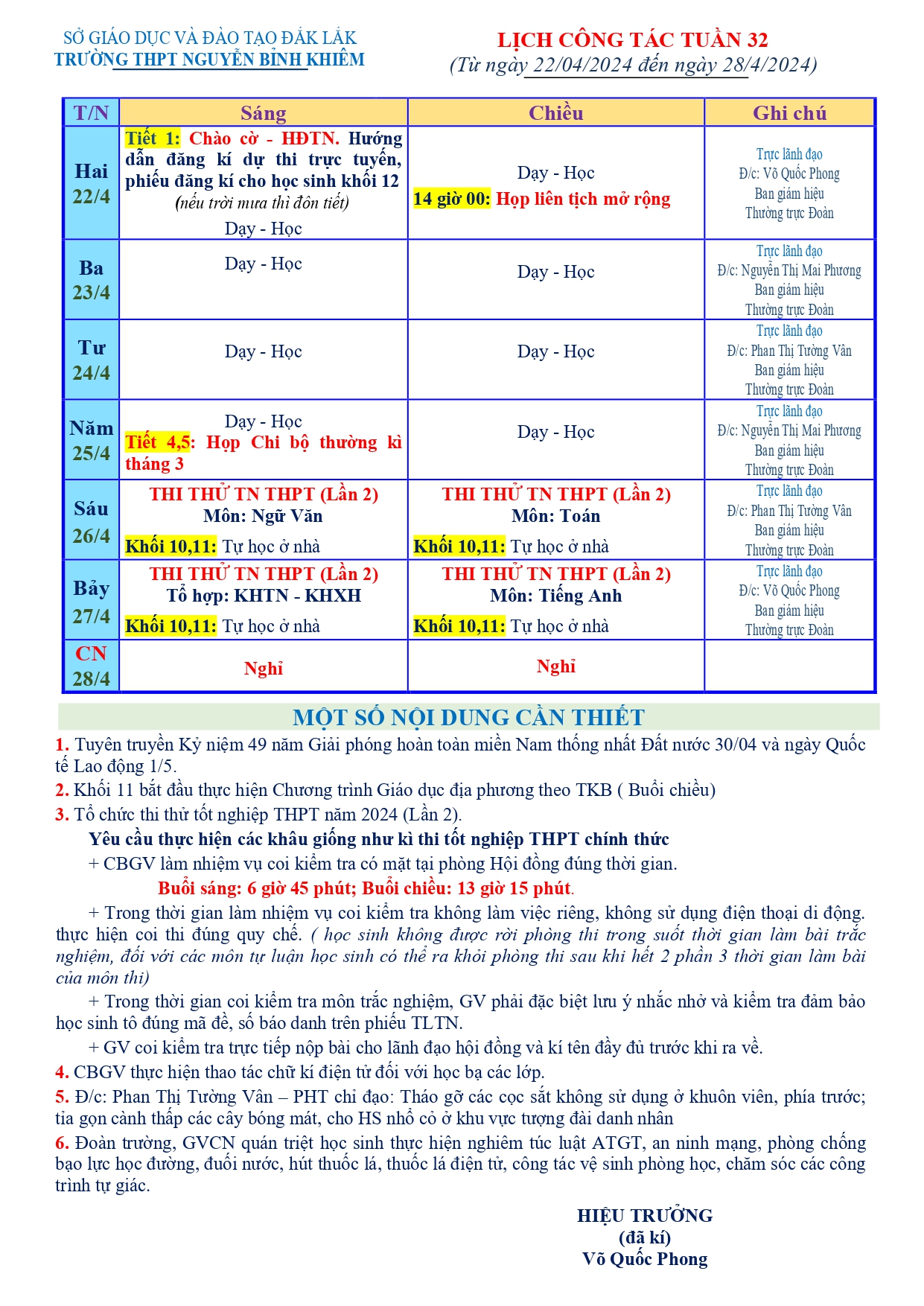 LỊCH CÔNG TÁC TUẦN 32 (Từ 22/4/2024 đến 28/4/2024)