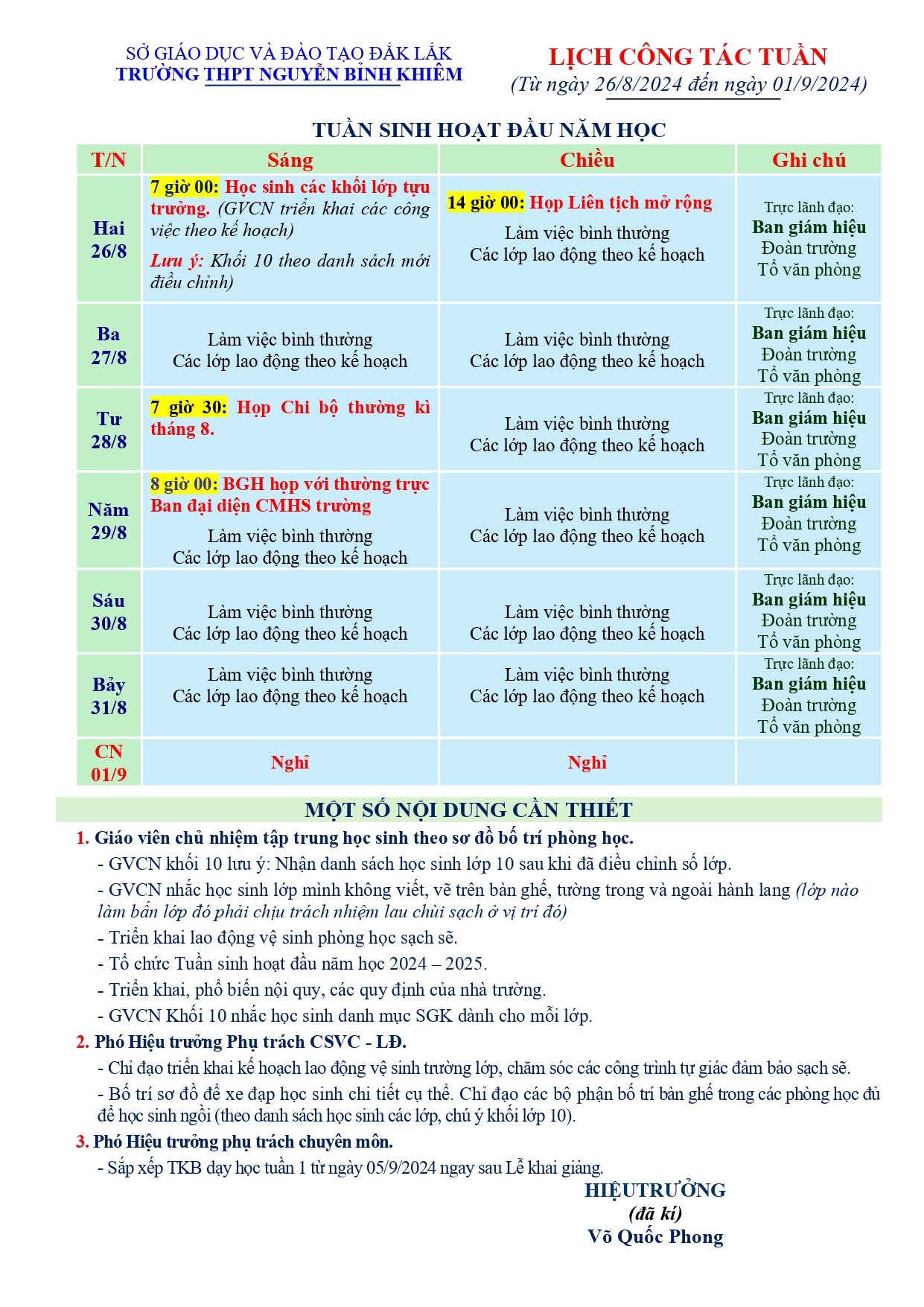 LỊCH CÔNG TÁC TUẦN (Tuần sinh hoạt đầu năm học, từ 26/8/2024 đến 01/9/2024)