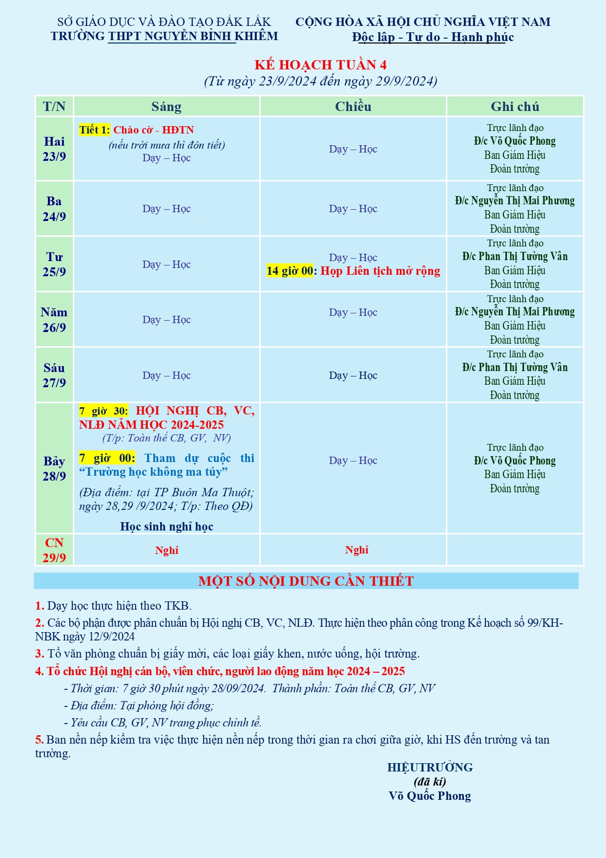 LỊCH CÔNG TÁC TUẦN 4 (từ 23/9/2024 đến 29/9/2024)