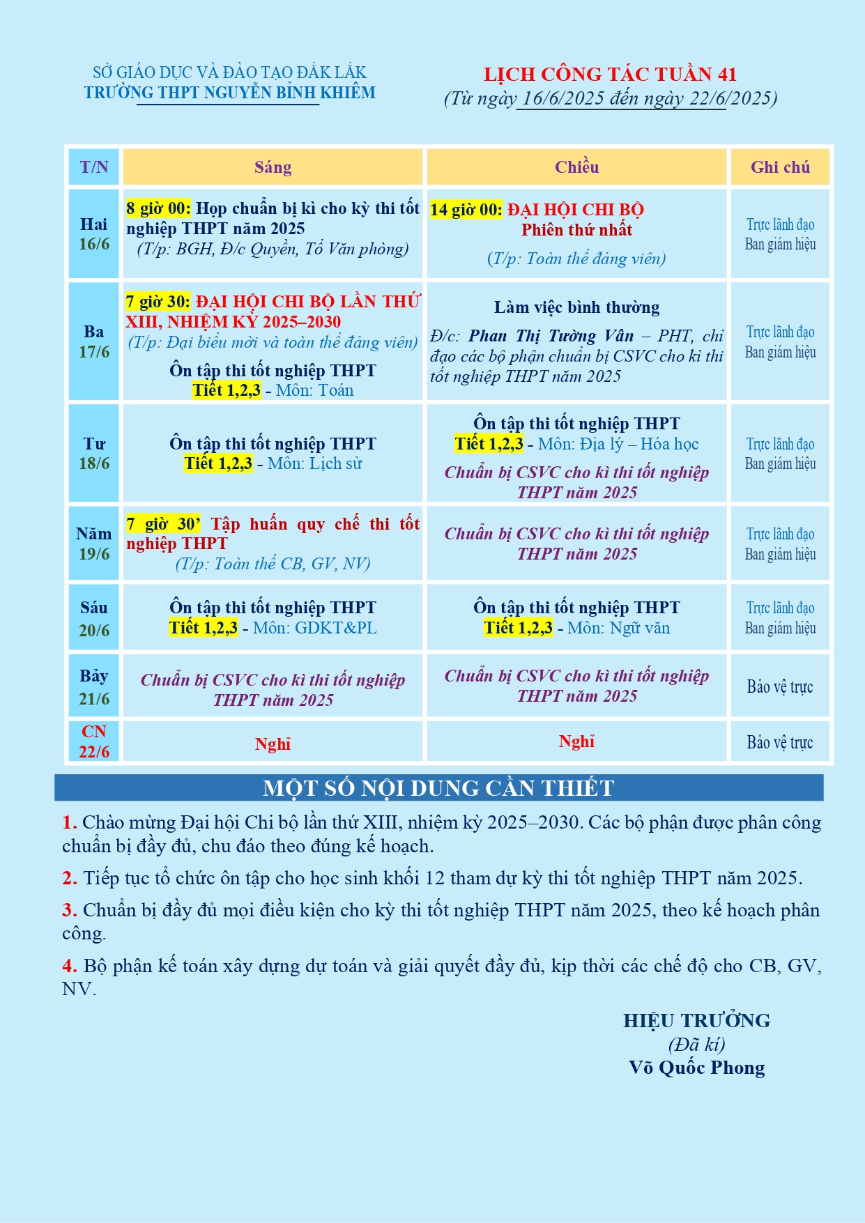 LỊCH CÔNG TÁC TUẦN 41 (từ 16/6/2025 đến 22/6/2025)