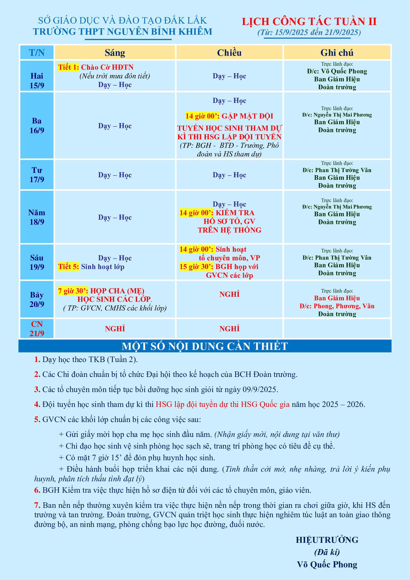 LỊCH CÔNG TÁC TUẦN 02 (từ 15/09/2025 đến 21/09/2025)