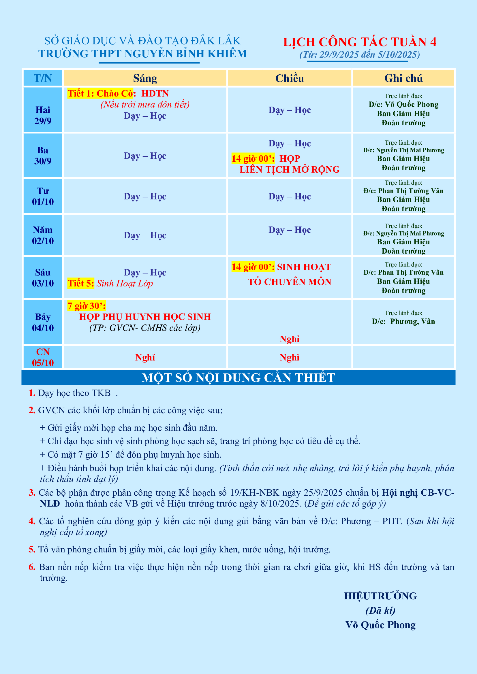 LỊCH CÔNG TÁC TUẦN 04 (từ 29/09/2025 đến 05/10/2025)