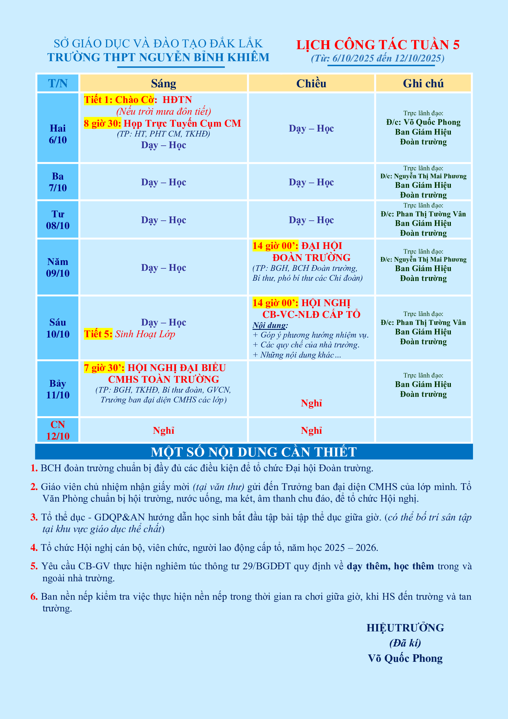 LỊCH CÔNG TÁC TUẦN 05 (từ 06/10/2025 đến 12/10/2025)