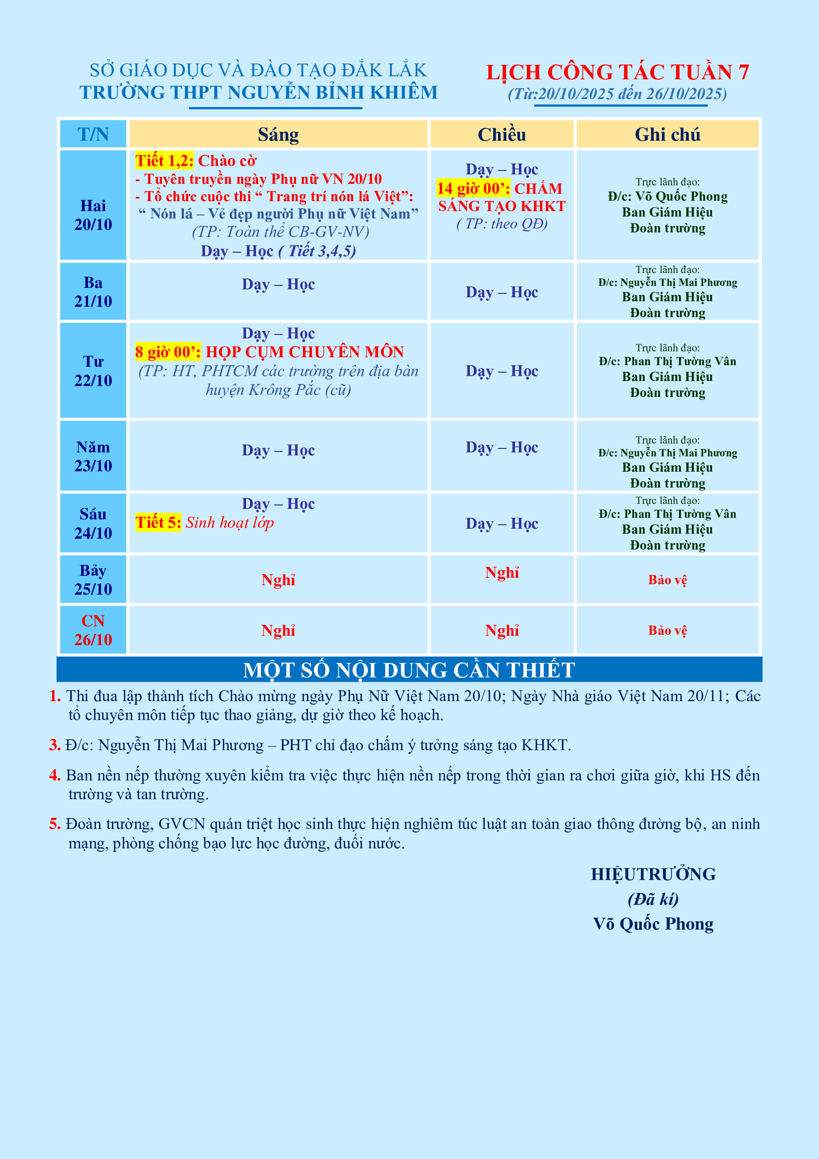 LỊCH CÔNG TÁC TUẦN 07 (từ 20/10/2025 đến 26/10/2025)