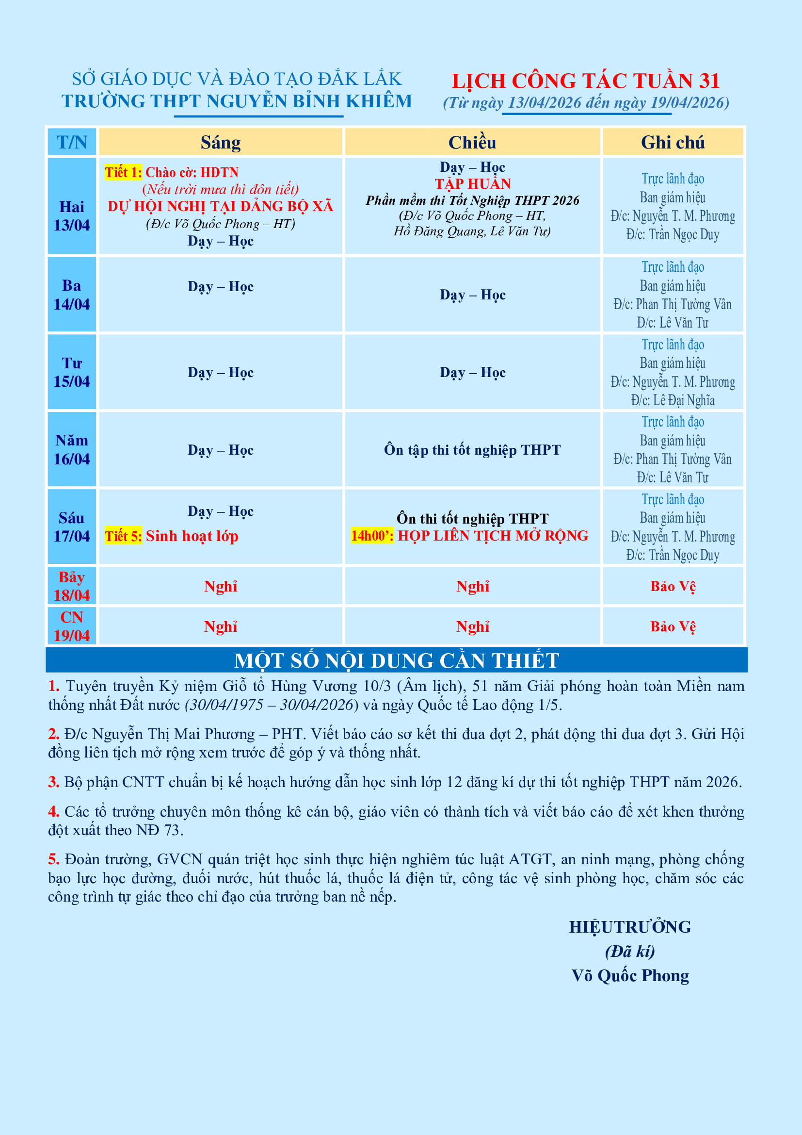 LỊCH CÔNG TÁC TUẦN 31 (từ 13/04/2026 đến 19/04/2026)