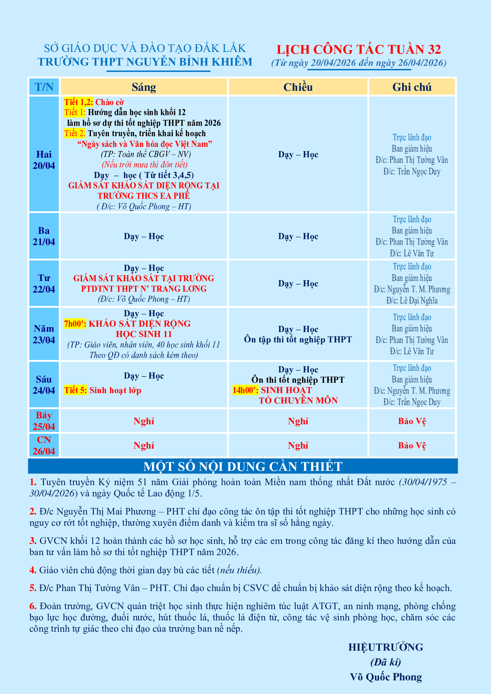 LỊCH CÔNG TÁC TUẦN 32 (từ 20/04/2026 đến 26/04/2026)